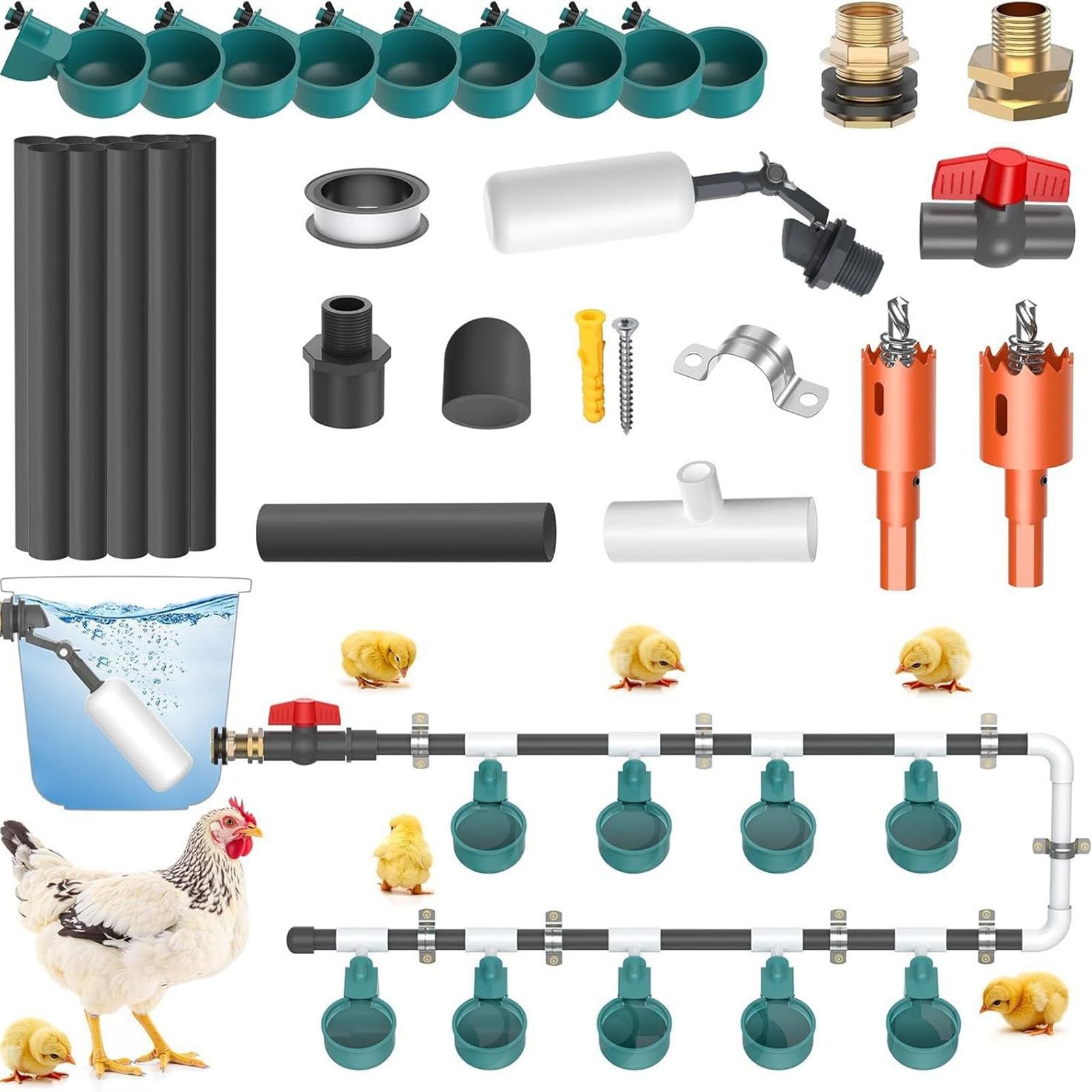 Dispensador Automático De Agua Para Aves, Kit De Sisteme De Bebederos Con 9 Copas Y 10 Tubos De PVC, Bebedero DIY Para Patos, Gansos, Pavos Y Aves De Corral