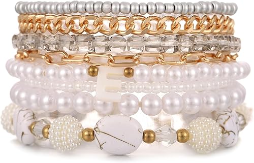 LUREME Boho Beach Stack Multi-Layer Adjustable Bracelet Set – Pearl, Gold Beads 