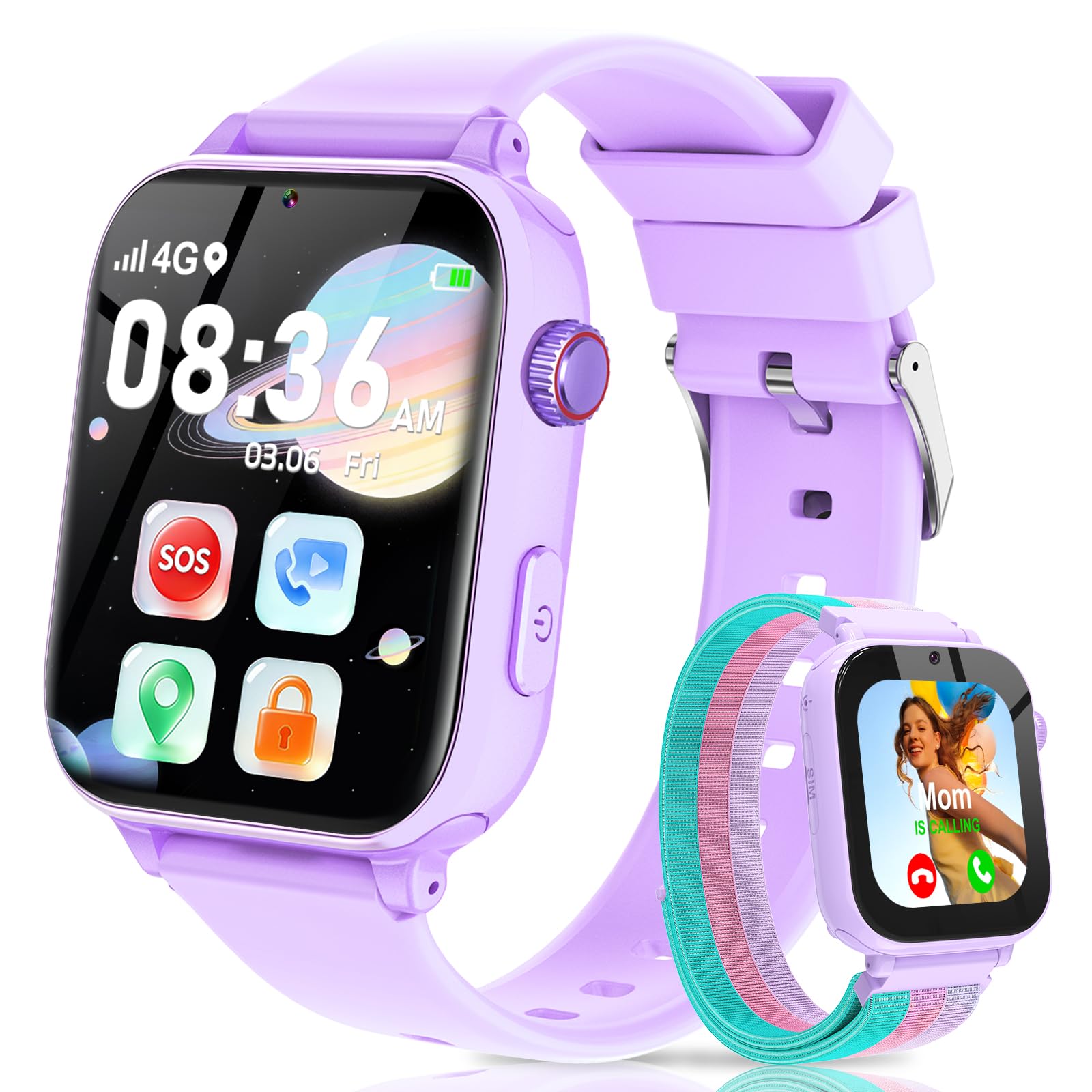 Photo 1 of Yiphun 4G Kids Smart Watch with GPS Tracker, Video Call & Texting, Smart Watch for Kids with SIM Card, SOS, School Mode, HD Camera, Pedometer, Kid Watch Gift for Boys Girls Age 4-12, Purple