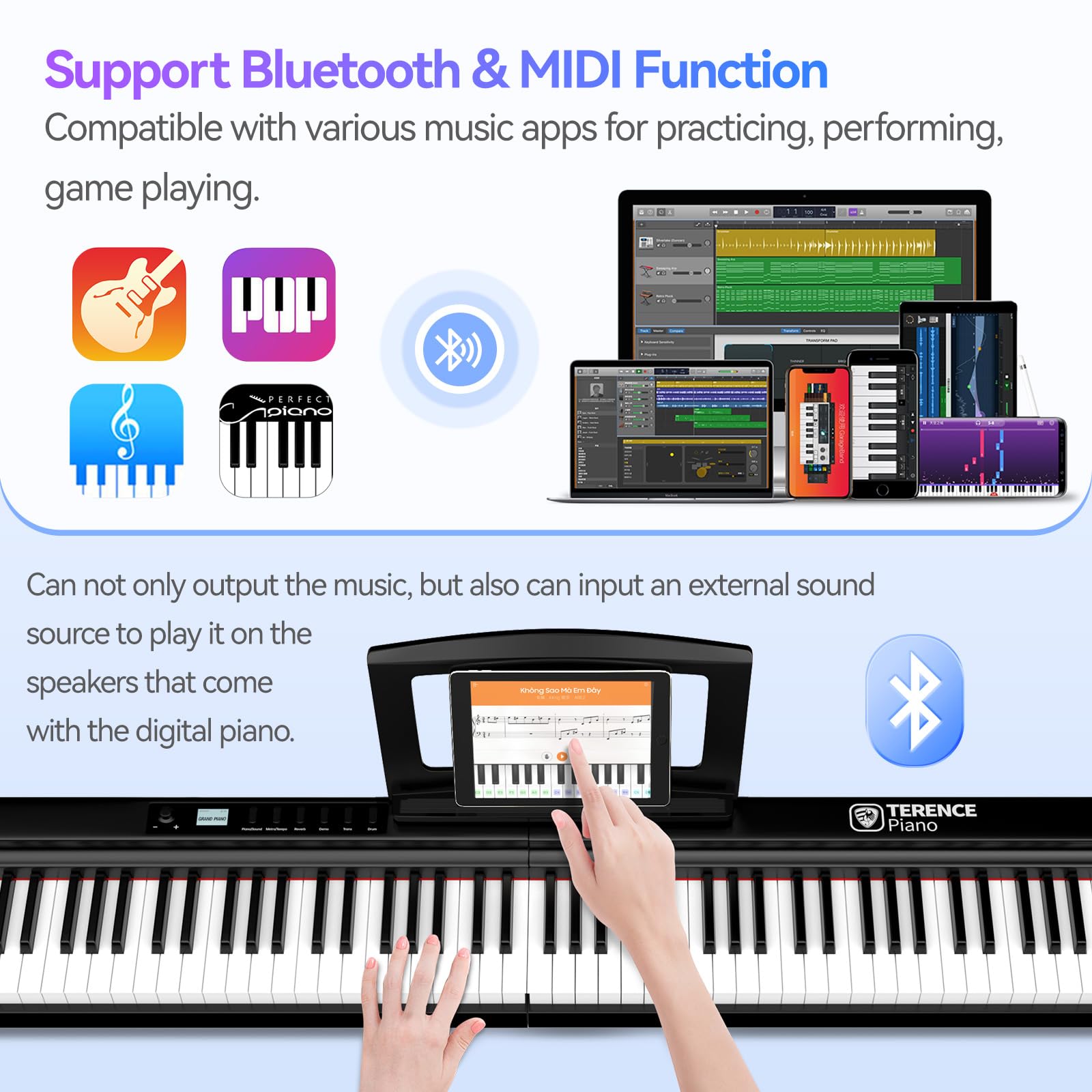TERENCE pianoforte digitale 88 tasti pesati pieghevole con batteria da 2000 mAh supporto audio Bluetooth MIDI USB con altoparlante da 2 x 25W supporto per leggio