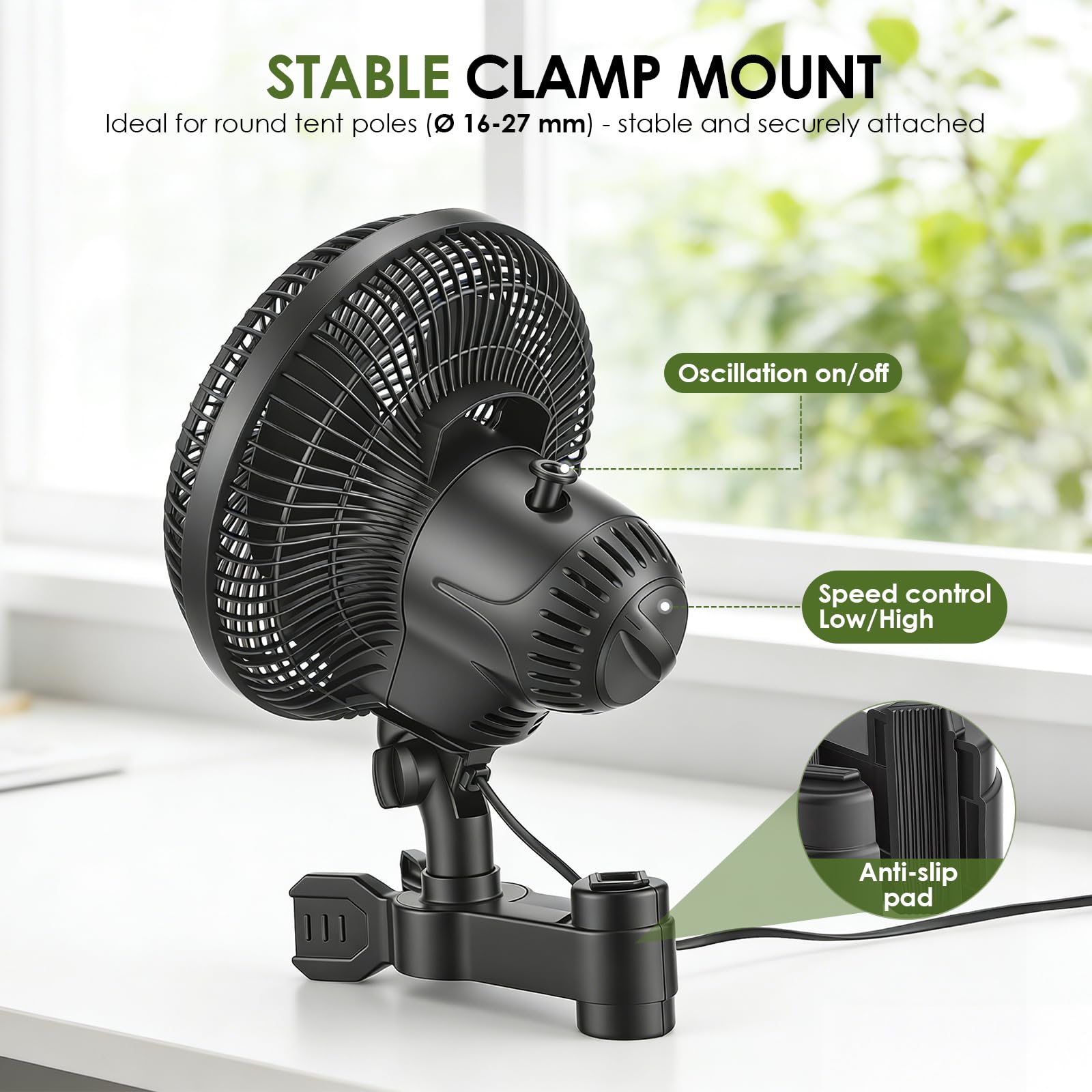 Grow Clip-Ventilator 25W, Oszillierender Klemmbar 22cm Durchmesser für Growzelt Growbox mit 1.5m langes Kabel, Oszillierender Lüfter mit Clip, 2 Geschwindigkeitsstufen