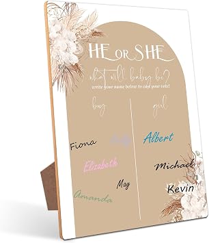 8"x 11"Gender Reveal Ideas - He or She Signature Voting SignWooden Sign with Stand, Baby Gender Reveal Games, Baby Shower Game, gender reveal party supplies ANC-13
