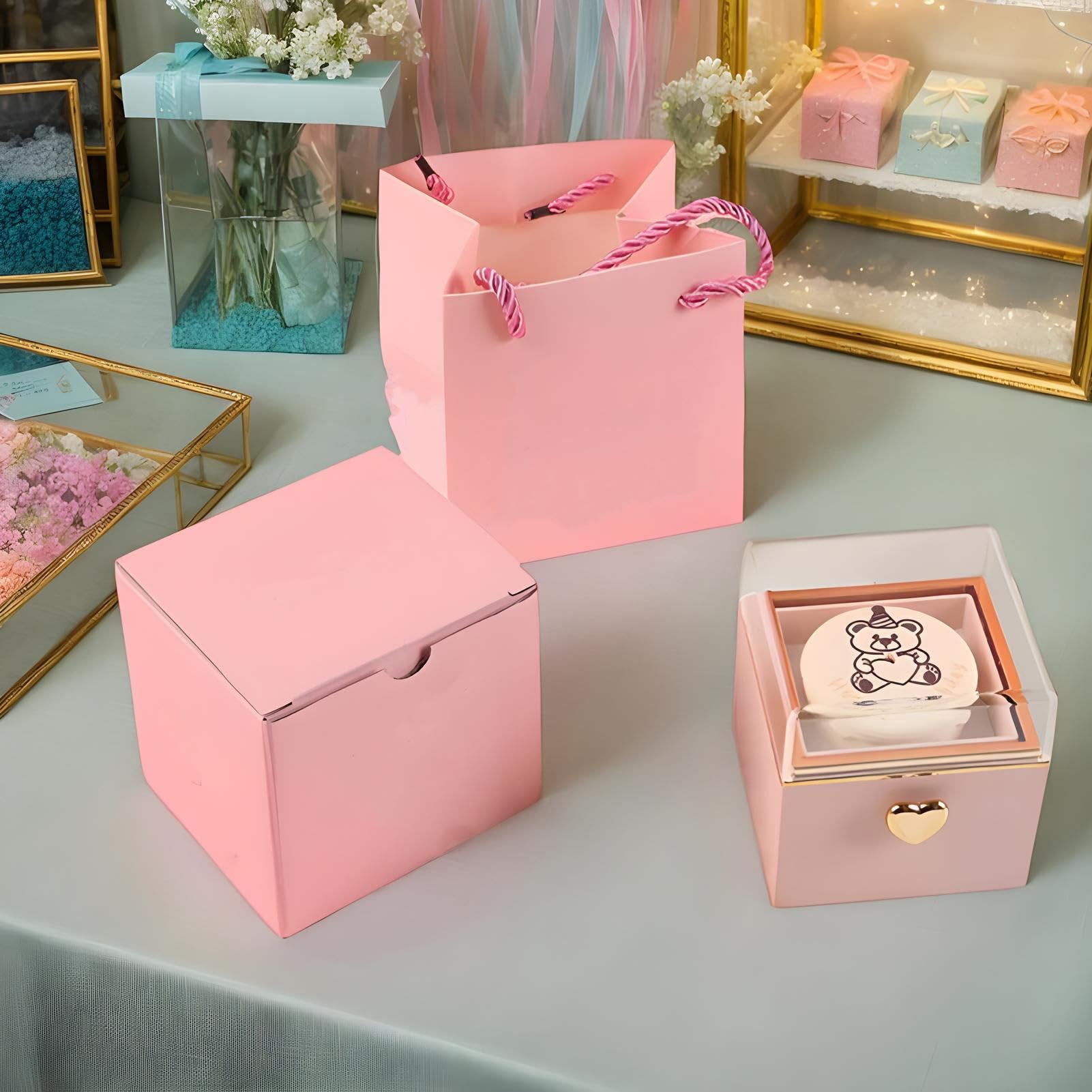 Generisch Ring Box, Rotating Reversible Bear Cake Jewelry Holder, Unique Display Storage Rings, Earrings, Accessories, Idea 3.15x3.15x3.15 inches for Women, Men, Birthday