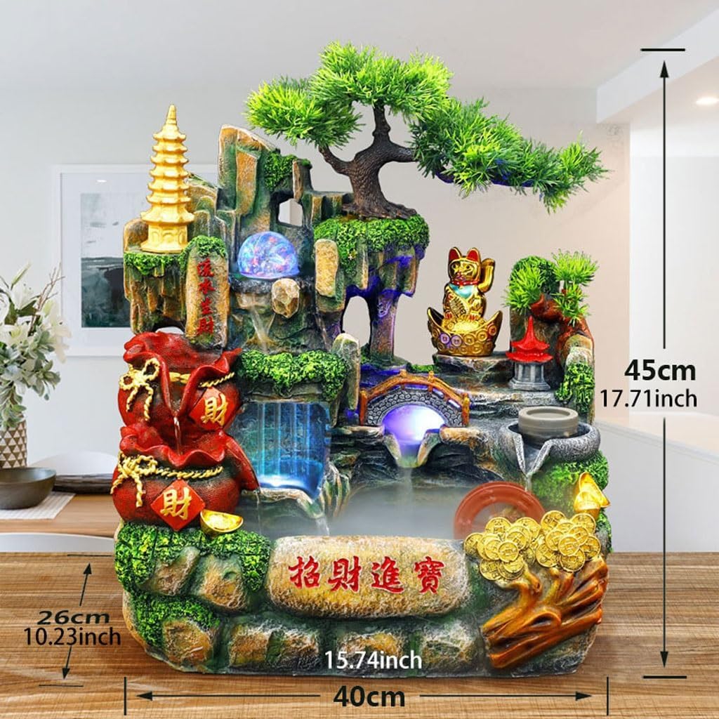 Tabletop Waterfall Fountain Lucky Mountain Flowing Water Desktop Fountain Rockery Flowing Water Ornaments Fountain Living Room Home Interior Decoration Water Fountains Indoor (A)