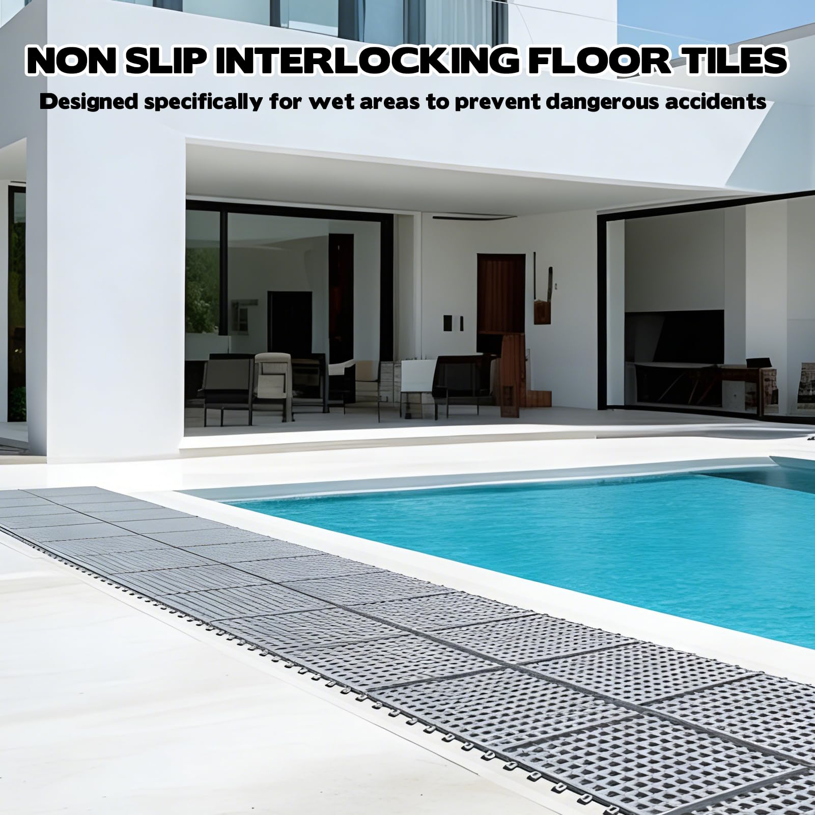 50 PCS Drainage Interlocking Tiles Bulk 11.8'' x 11.8'' Modular Interlocking Cushion Non Slip TPE Pool Deck Drain Mats with Drain Holes Splicing Garage Floor Tiles for Bathroom Kitchen Patio Pool Deck — Amazon image 4