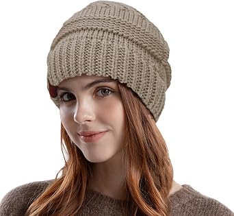 Rosoz 1&2 Packs Ponytail Beanie for Women,Winter Warm Beanie Tail Soft Stretch Cable Knit Messy High Bun Hat