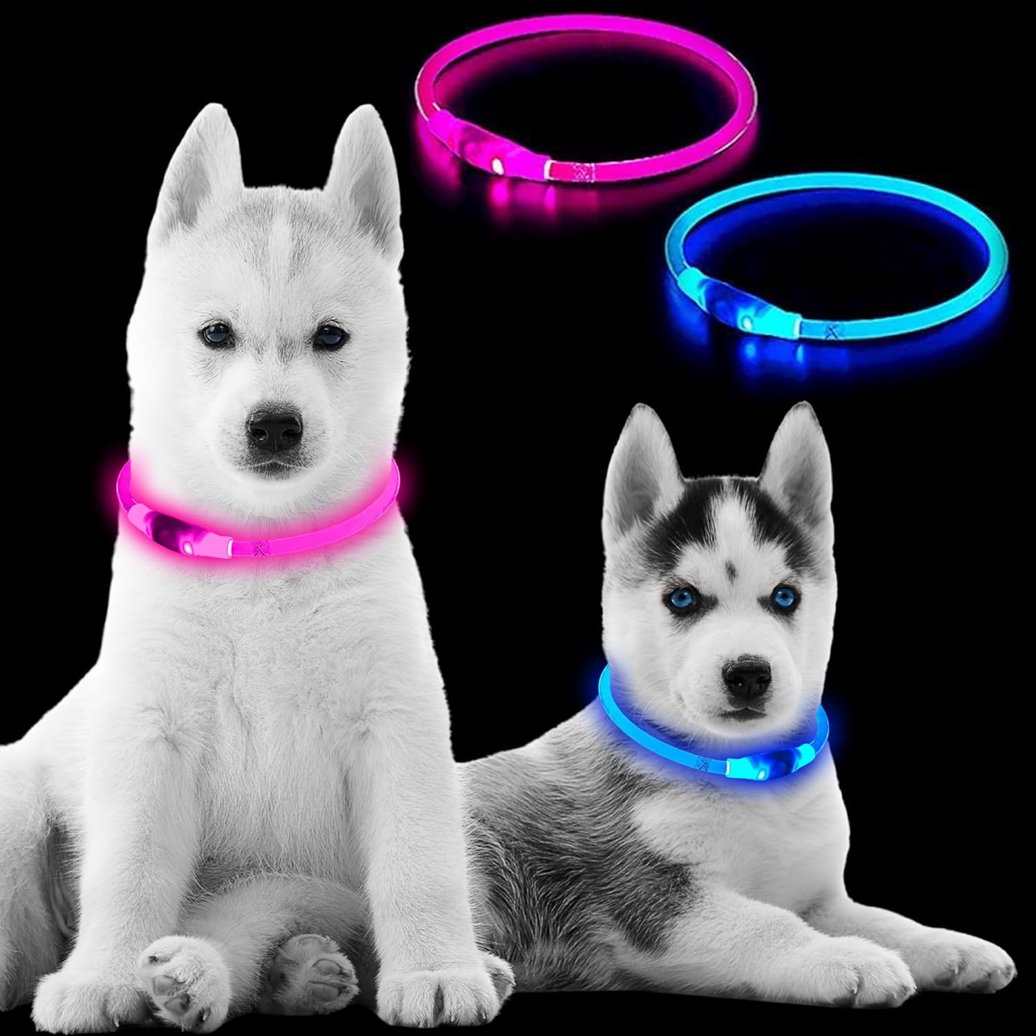 (2 Pack) 360 LED Light Up Dog Collar Rechargeable 3 Modes Pet Safety Lights Necklace for Night Walking TPU Reusable Universal Adjustable Cut to Fit Small, Med, Large (2 Pack Pink+Blue)