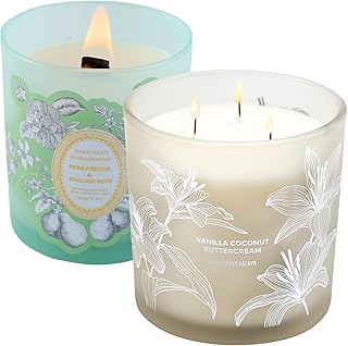 Vanilla Coconut Buttercream 3 Wick Candle and Pear Freesia English Rose Wood Wick Candles Variety Pack Soy Candle Set of 2 (14.5 Oz + 10.6 Oz)