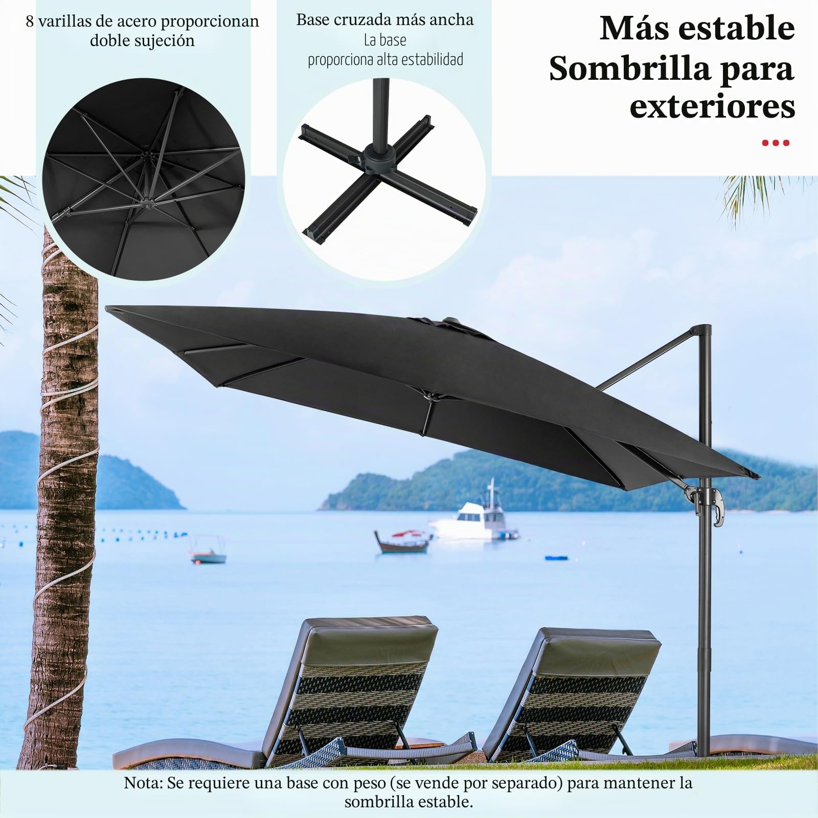 RELAX4LIFE Sombrilla de 300 cm de diámetro, sombrilla con ángulo ajustable y manivela, sombrilla de jardín con base en cruz, sombrilla de mercado, protección UV y repelente al agua, para balcón