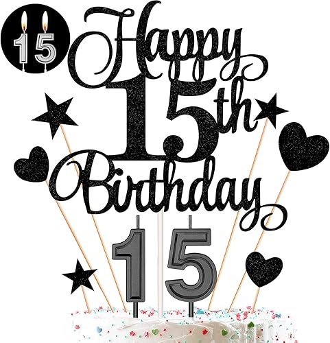 El juego de decoraciones para tartas de cumpleaños de 15 años incluye velas de cumpleaños número 15 velas y adornos para pasteles de feliz