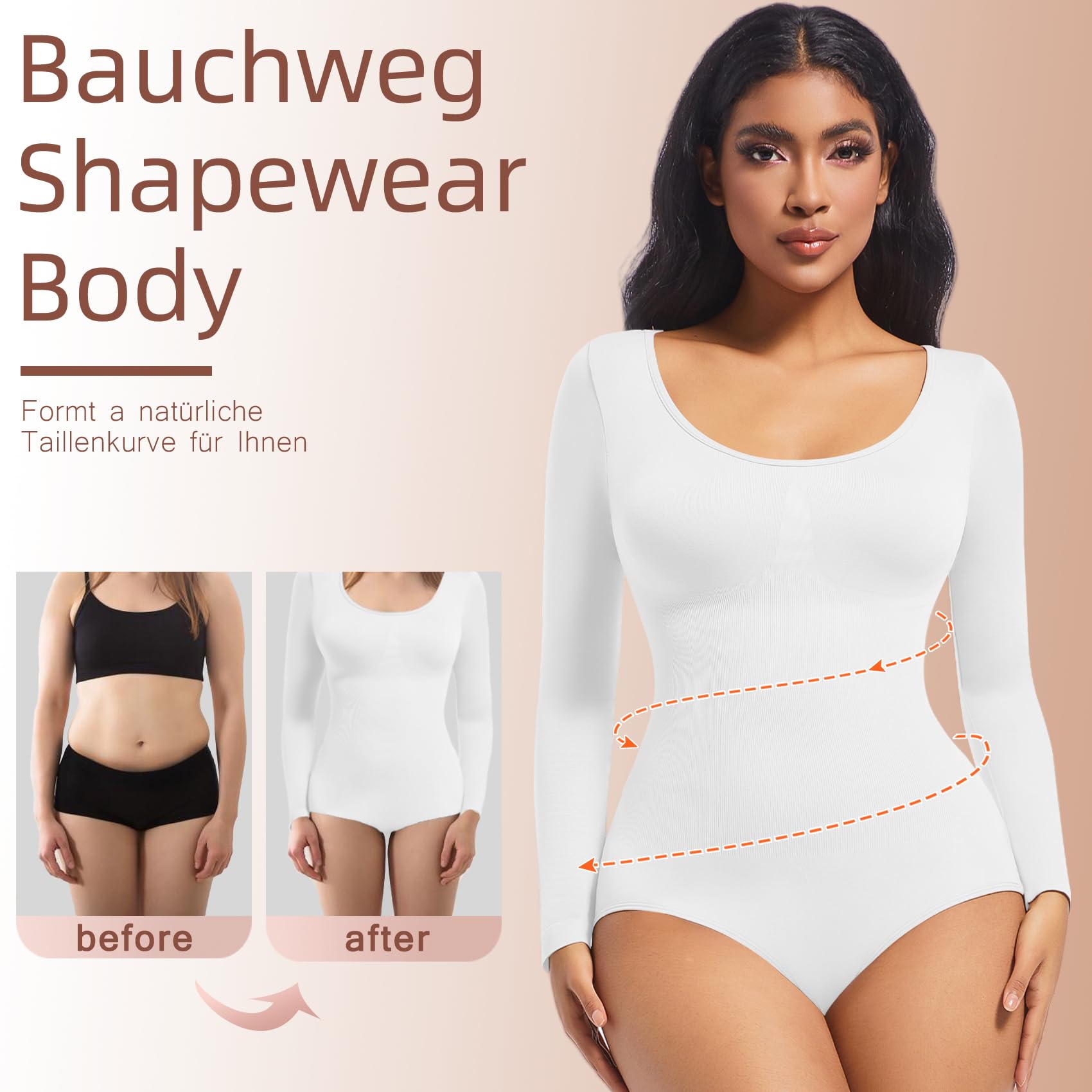 ONEW Damen Body Bauchweg Shapewear Bodysuit U-Ausschnitt Langarmbody Rundhals Unterhemd Butt Lifting Miederbody Body Shaper