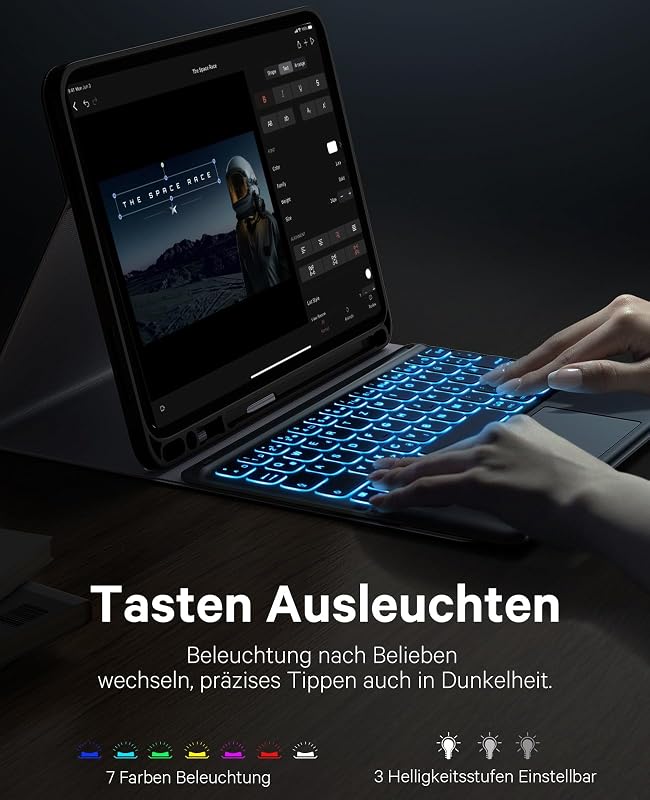 Earto iPad Air 11 Tok Billentyűzettel, 7 Szín Háttérvilágítás, QWERTY Touchpad, Fekete