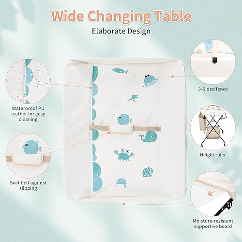 Miniatura 5 de Palomacleo Cambiador portátil para bebé, cambiador de pañales impermeable con ruedas, estación de pañales plegable de altura ajustable con cinturón