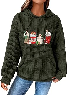 PJZQXS Moletom feminino com capuz e estampa de chá de leite de Natal com cordão, tecido xadrez e bolso