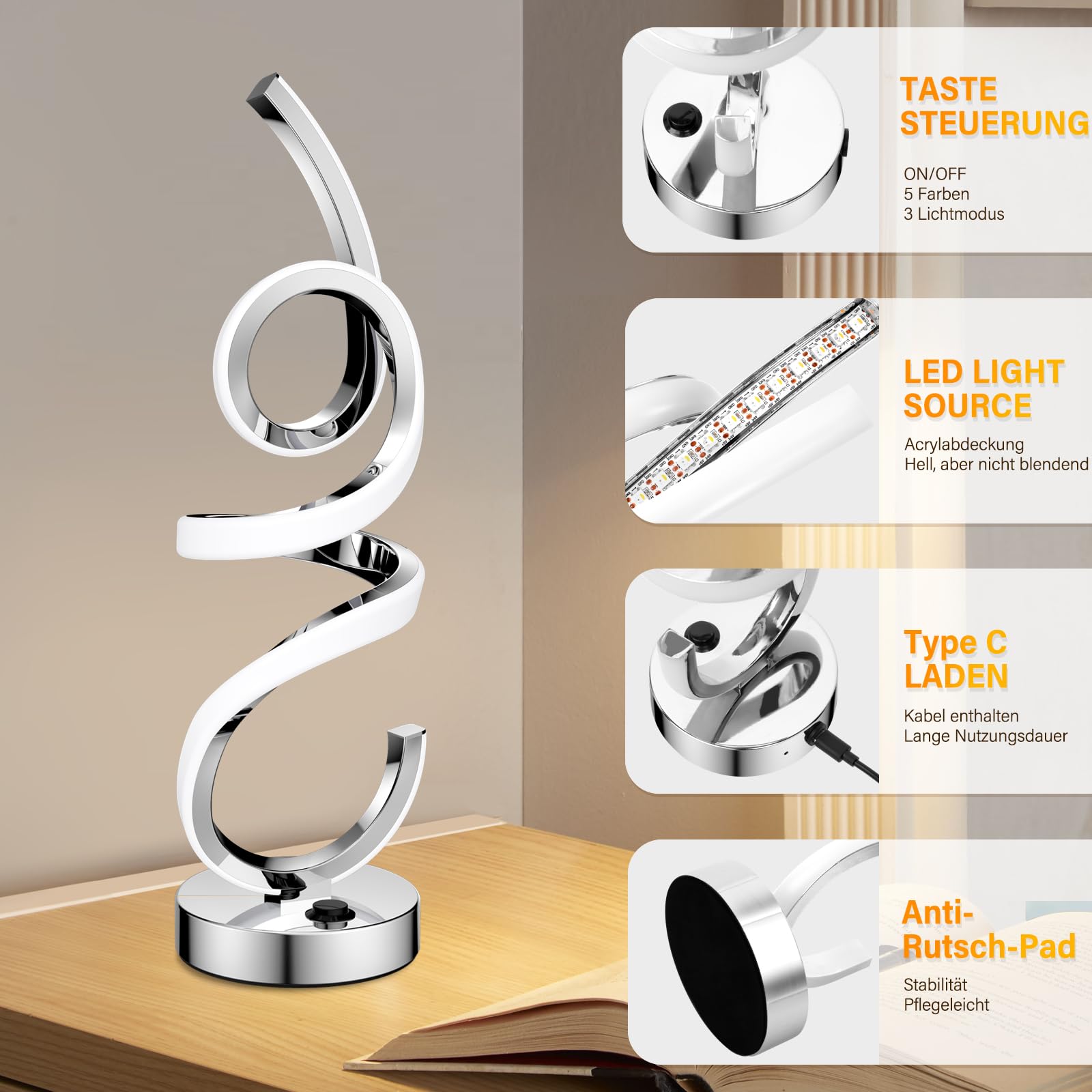 Lampada da comodino a LED dimmerabile, RGB bianco caldo, senza fili, a spirale, moderna, con batteria, ricaricabile, 10 modalità dinamiche con telecomando e timer, luce notturna per camera da letto