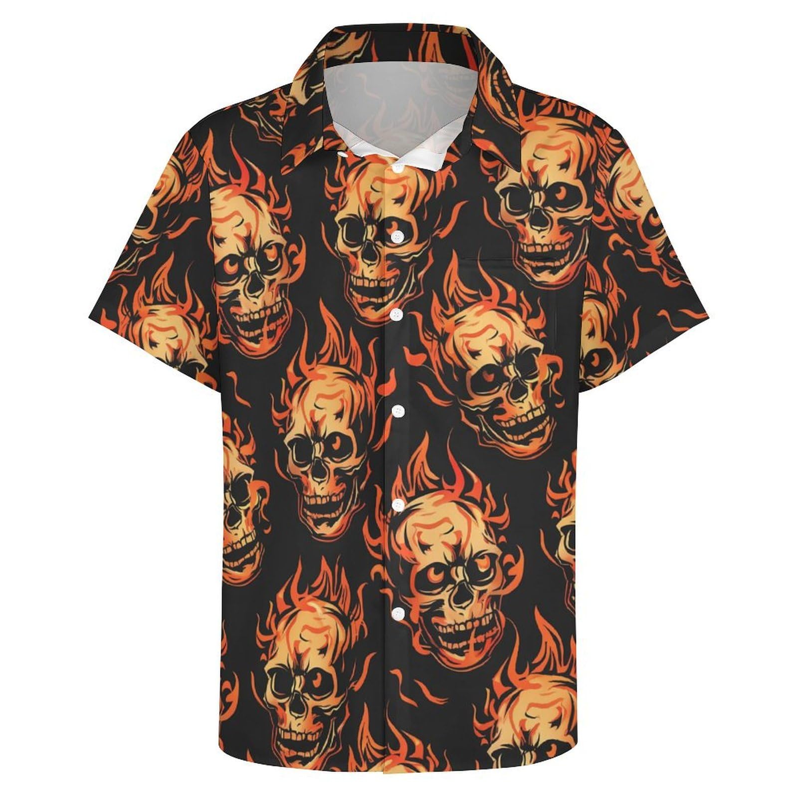 Hurspmr Mens Skull with Flame Pattern Button Down Shirt Short Sleeve Casual Tropical Beach Hawaiian Shirts, Black/F1, Large