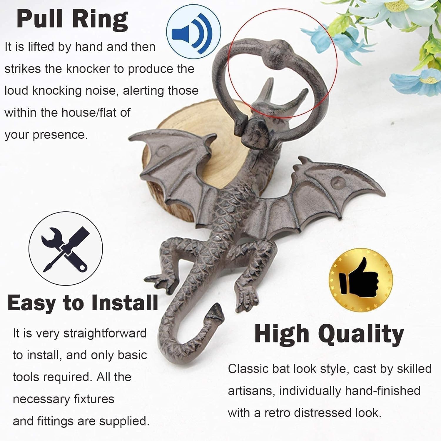 TIST Iron Door Knocker Cast Iron Vintage Ferocious Bat Door Knock for Front Door Door Ring Knocker Classic Design Door Handle Surface-Mounted Installation
