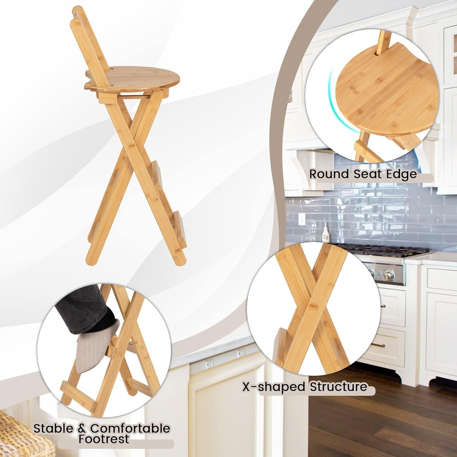 𝙍𝙄𝙐𝙊𝙋𝙉 Folding Bar Stools with Back, Bamboo High Kitchen Barstools with Back, Counter Stools Bar Chairs with Backrest, Footrest, Industrial Seat for Dining Room Kitchen Bar No Assembly, 1PC