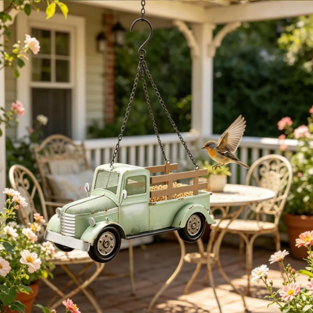 Karmnik dla ptaków, projekt ciężarówki vintage do użytku na zewnątrz, wiszący rustykalny wystrój domu wiejskiego do ogrodu i na patio, idealny prezent retro dla miłośników ptaków