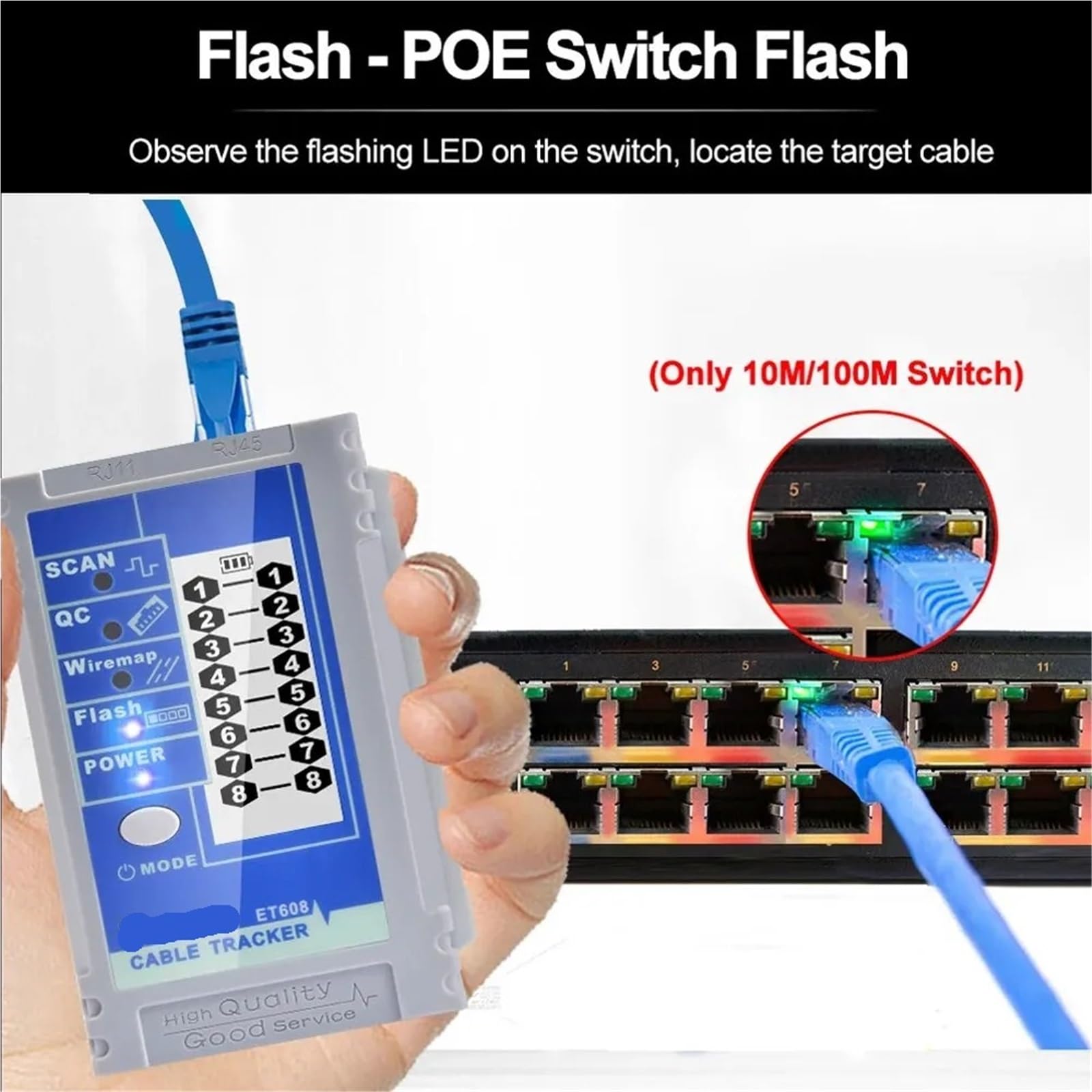 Localizzatore di Cavi, Tester LAN con display LCD, doppia batteria al litio, connettore di rete, test crimpatura, POE Flash, vibrazione digitale, tracciamento cavi