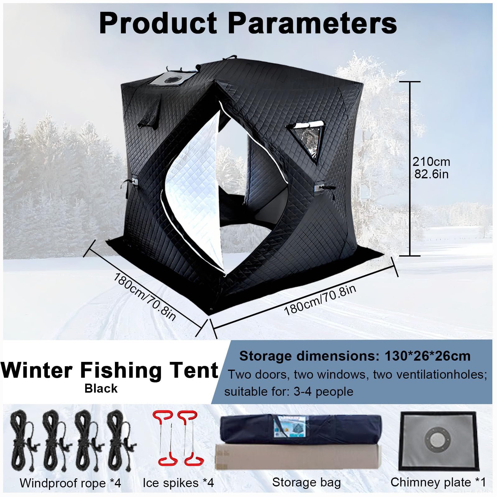 Tragbares Angelzelt 3-5 Personen, Tragbares Outdoor-Saunazelt mit Tragetasche, Tragbares Isoliertes Eisfischerzelt, Saunazelt für Den AußEnbereich Camping und Schneefischen Black-1.8m