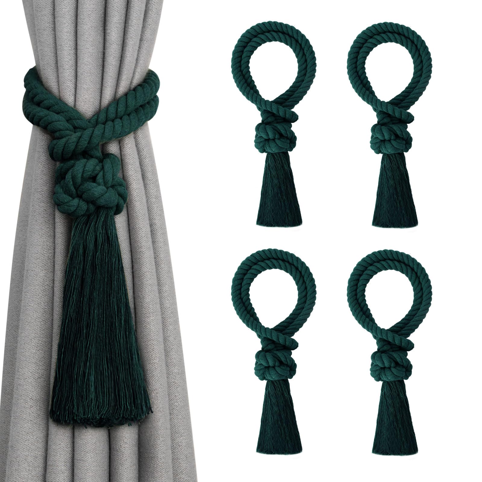 Pretty Jolly 4 Pack Natural Cotton Rope Tassel Curtain Tiebacks Boho Home Decor Drape Tie Backs Hand Woven Ball Curtain Holdbacks for Thin & Thick Home & Office Window Draperies (Dark Green) — image 1