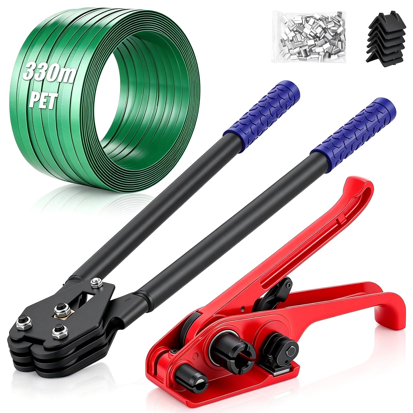 Reggiatrice Manuale, Kit di Reggiatura Manuale Reggia (12–19 mm) Tendireggia con 330 m di Reggia in PET 150 Fibbie Metalliche 100 Angolari di Protezione Set di Strumenti Manuali per l'Imballaggio