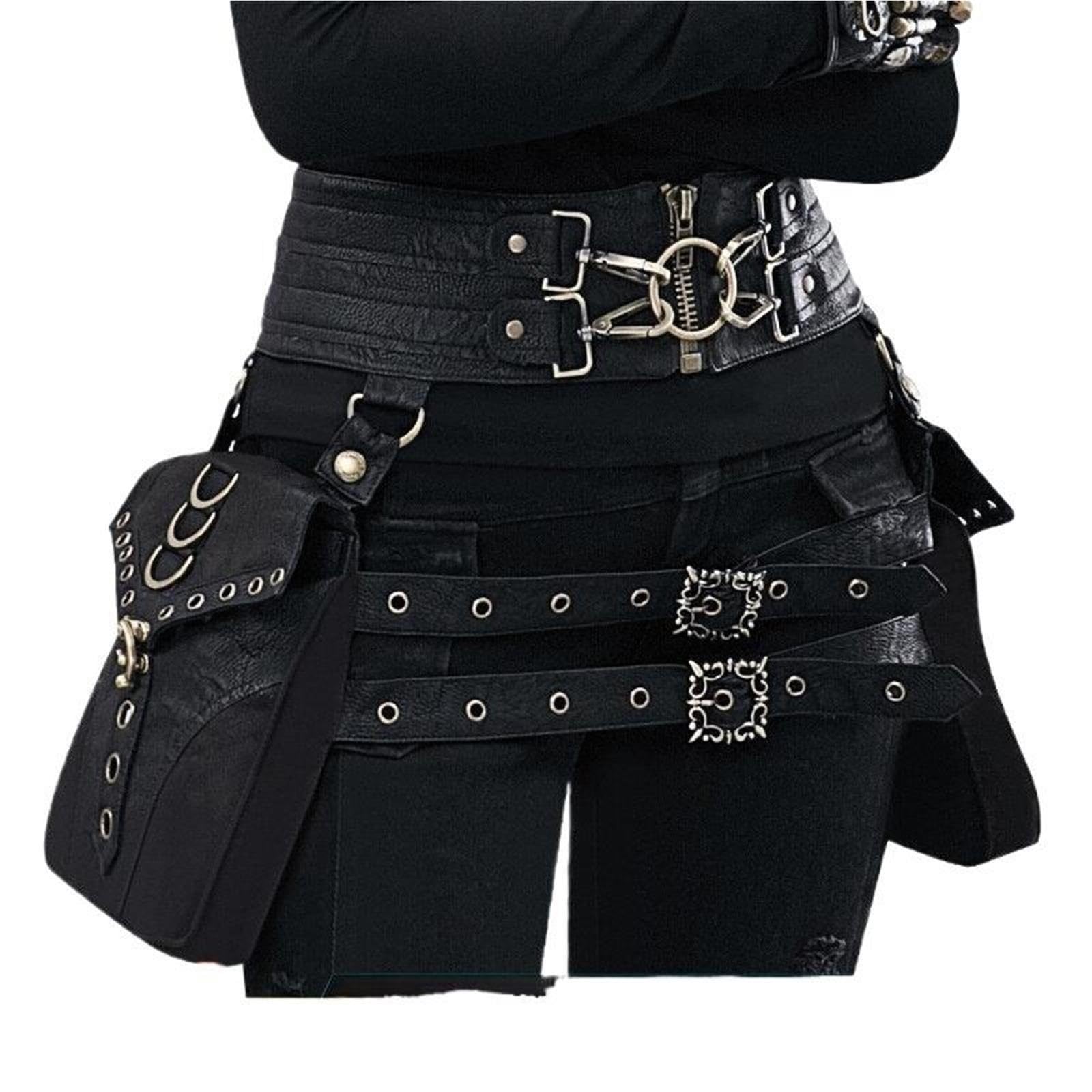 Riñonera de pierna de cuero PU Steampunk para riñonera de ciclismo impermeable para mujer, Negro , M, Clásico