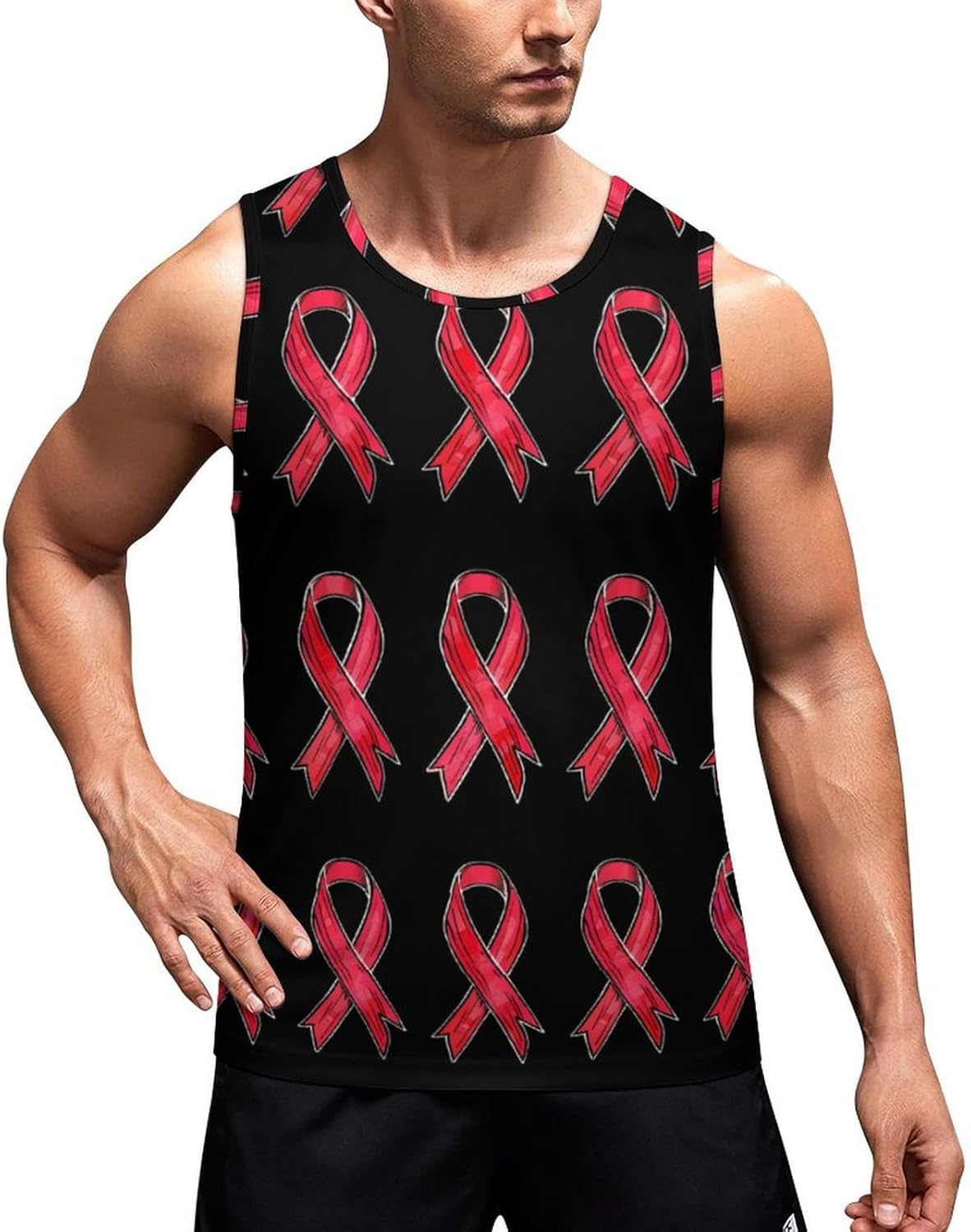 Breast Cancer Ribbons Awareness Bows Men's Tank Top Sleeveless Muscle Shirts Vest Beach T Shirts for Workout Gym