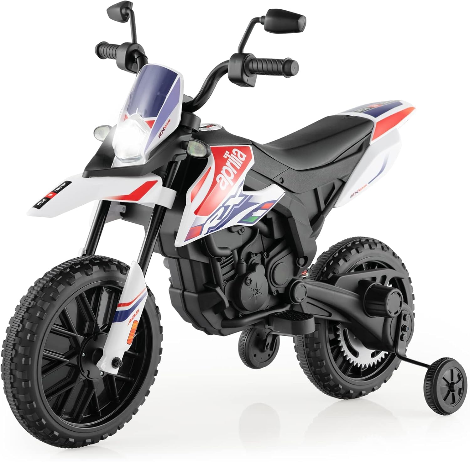FANTASK Moto électrique pour Enfant de 3 à 8 Ans - 12 V - 5,5 à 6 km/h - avec Roues stabilisatrices, Musique et phares - Noir et Blanc