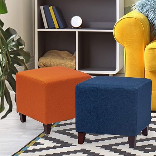 Miniatura 7 de Asense Reposapiés otomano tapizado de tela de lino con patas de madera, color negro vaca