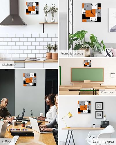Miniatura 5 de Reloj de pared de madera naranja, negro y gris, silencioso, sin tictac, bloque de color geográfico irregular, arte abstracto, reloj de pared