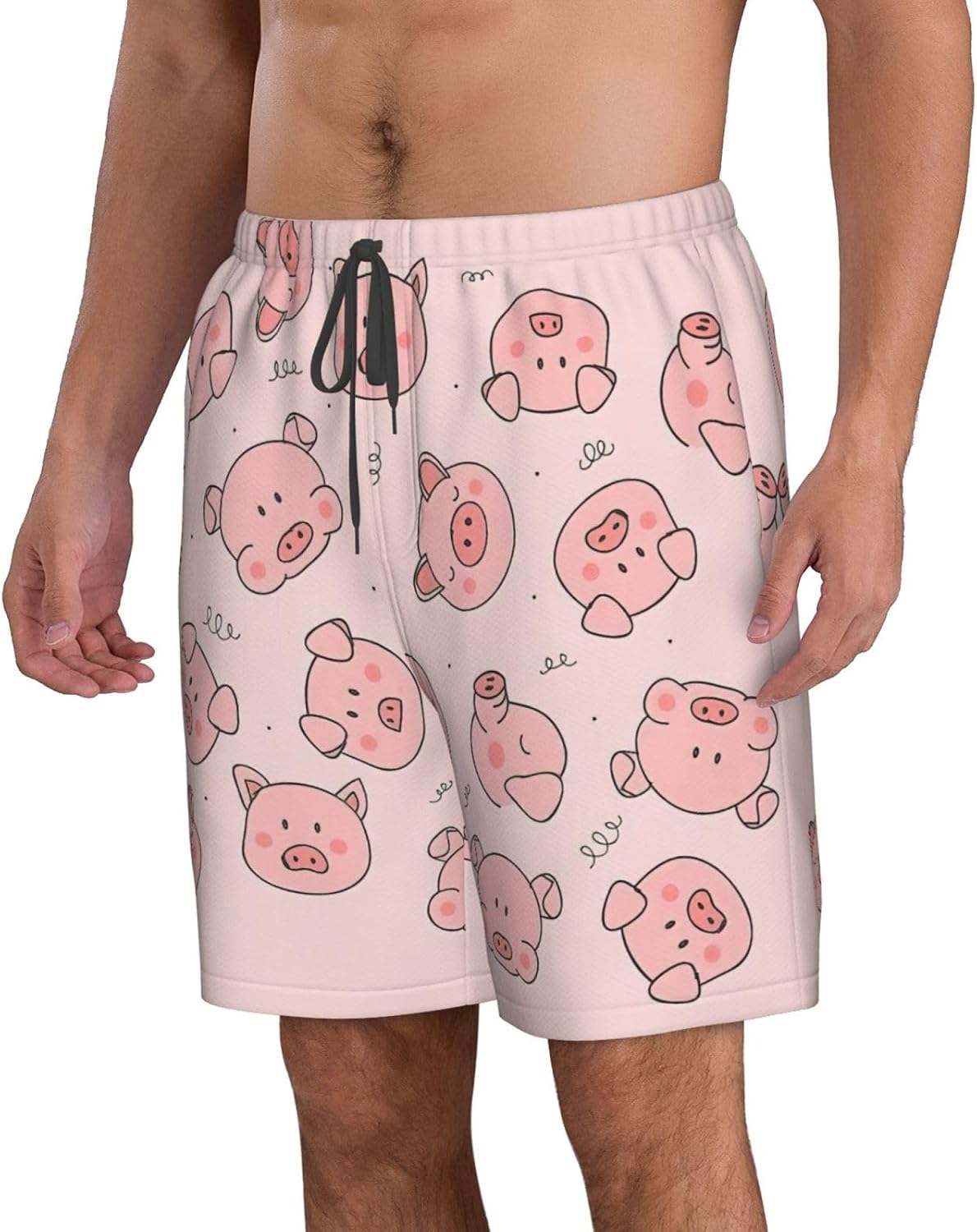Cute Pig Print Men's Hawaiian Beach Shorts Elastic Novelty Summer Casual Shorts with Pocket
