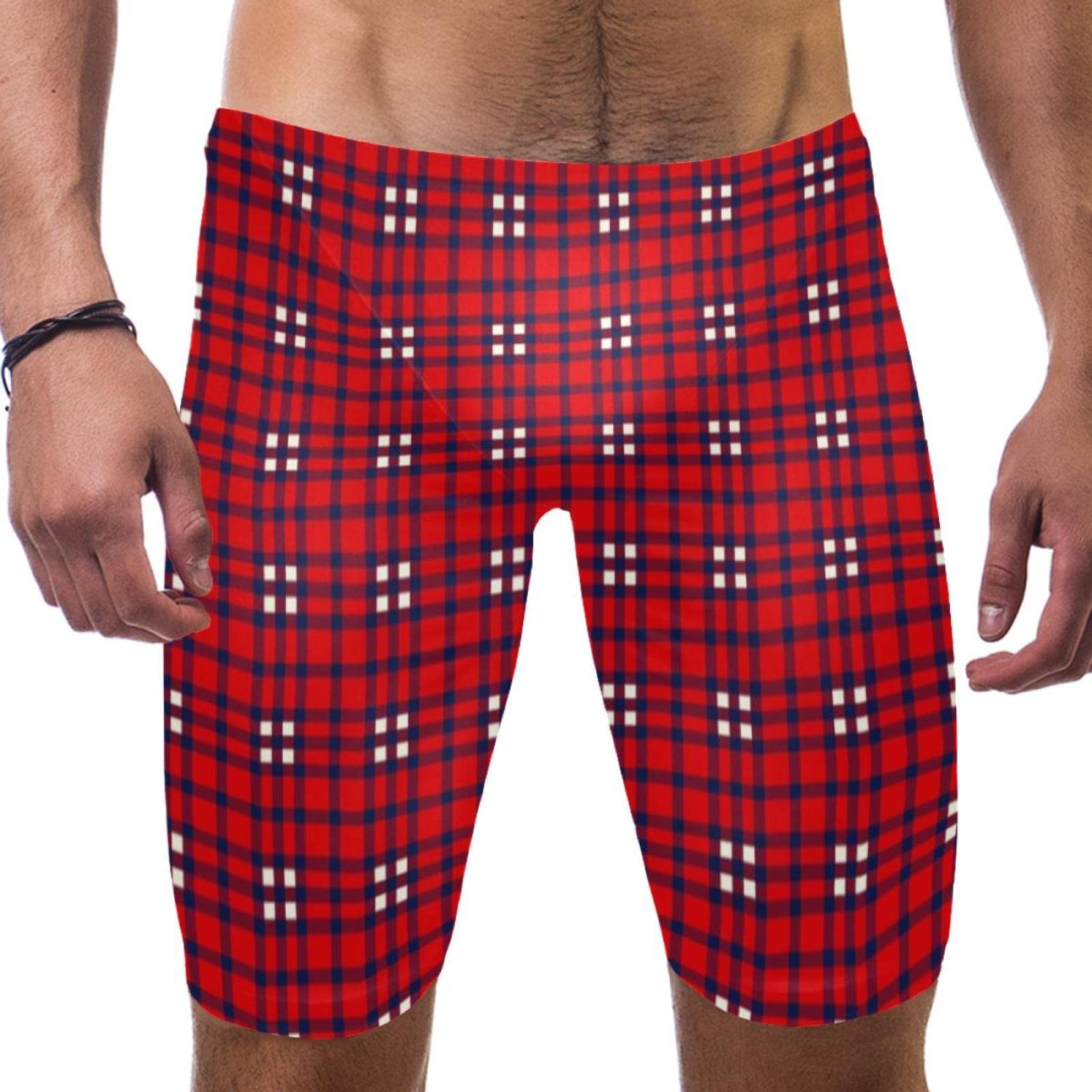 Bañador largo de carreras multicolor con cuadros rojos de natación para hombre 7
