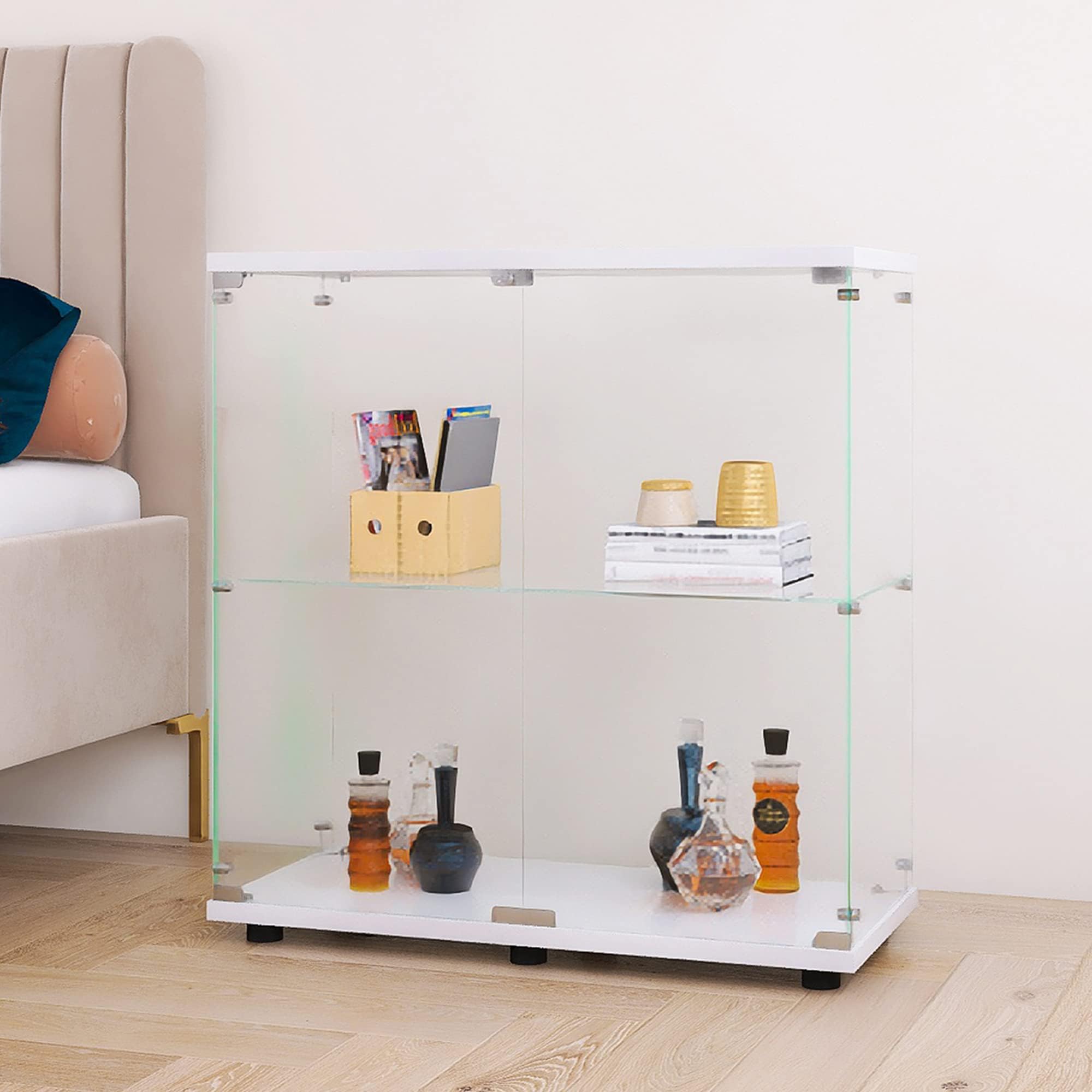 Beauty4U Glass Display Cabinet with 2 Shelves, 2 Doors Curio Cabinets for Living Room, Bedroom, Office, White Floor Standing Glass Bookshelf, Quick Installation