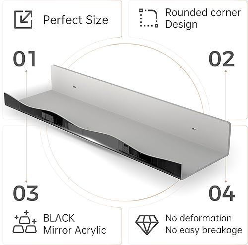 Miniatura 4 de YMVV Estante flotante montado en acrílico de espejo negro grande de 15.7 pulgadas, estante organizador de perfumes, organizador moderno de