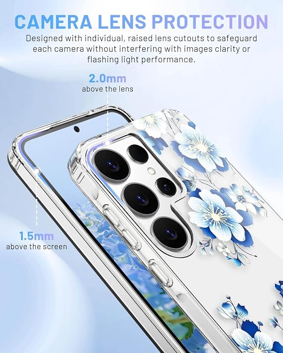 S26 Ultra ケース フラワー クリア、スタイリッシュ&耐久性 花柄カバー、TPU バンパー 耐衝撃+ PC 背面保護、かわいい、スリム & 軽量 Samsung Galaxy S26 Ultra ケースブルー
