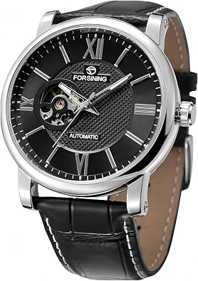 FORSINING Mens Fashion Mechanical Watch Hollow Out Automatic Movement Skeleton Watches Leather Strap Waterproof Luminous Wristwatch for Men