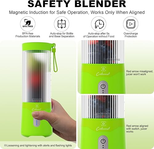 Miniatura 3 de COKUNST Licuadora portátil de 16 onzas, licuadora de tamaño personal recargable por USB, licuadora de batidos con 6 cuchillas para proteínas y