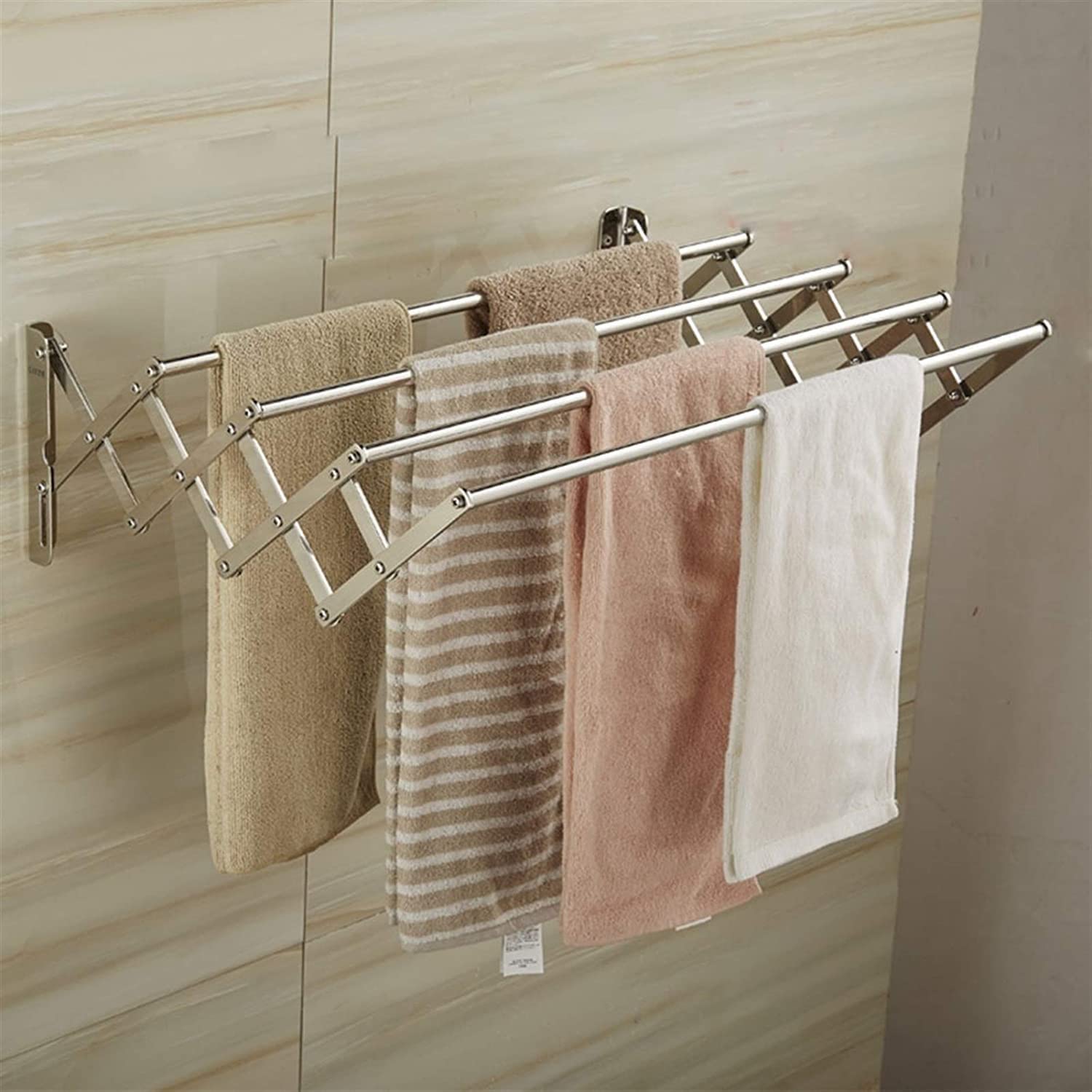 Wandmontierter Wäscheständer, teleskopischer, zusammenklappbarer Handtuchhalter für Badezimmer, Wandmontage, Regal, Organizer, Aufbewahrung, Wäscheständer aus Edelstahl mit 4 Stangen, Handtuchtrockner