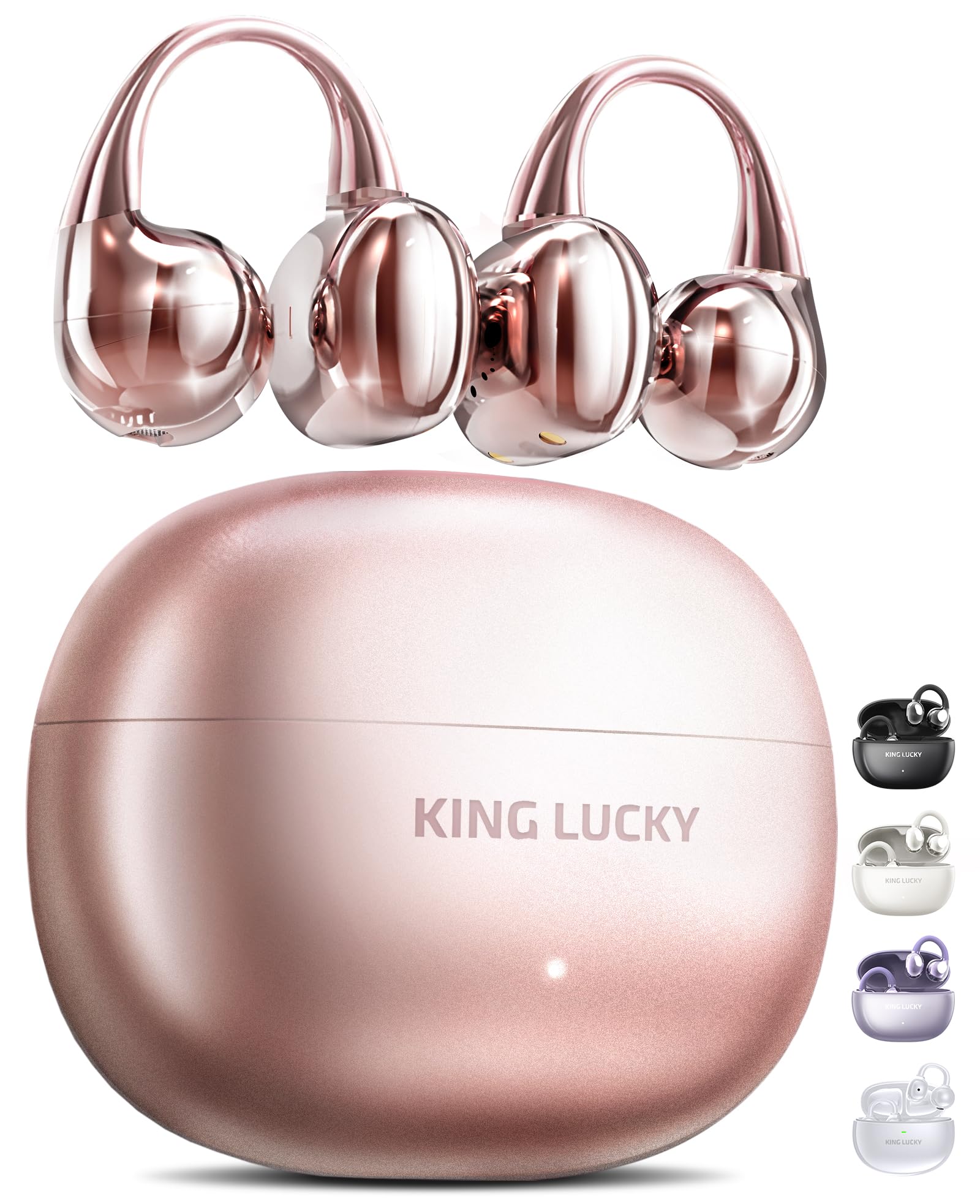 King Lucky Clip-On Earbuds Gen 3, Open-Ear Wireless Bluetooth 6.0 Headphones with Mic, Secure Fit for Small Ears & Glasses Wearers, 50H Playtime, ENC,