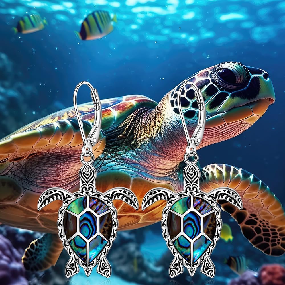 Sea Turtle Earrings Abalone Shell Turtle Earrings for Women Sterling Silver Turtles Leverback Drop Dangle Retro Hawaiian Jewelry - Image 9