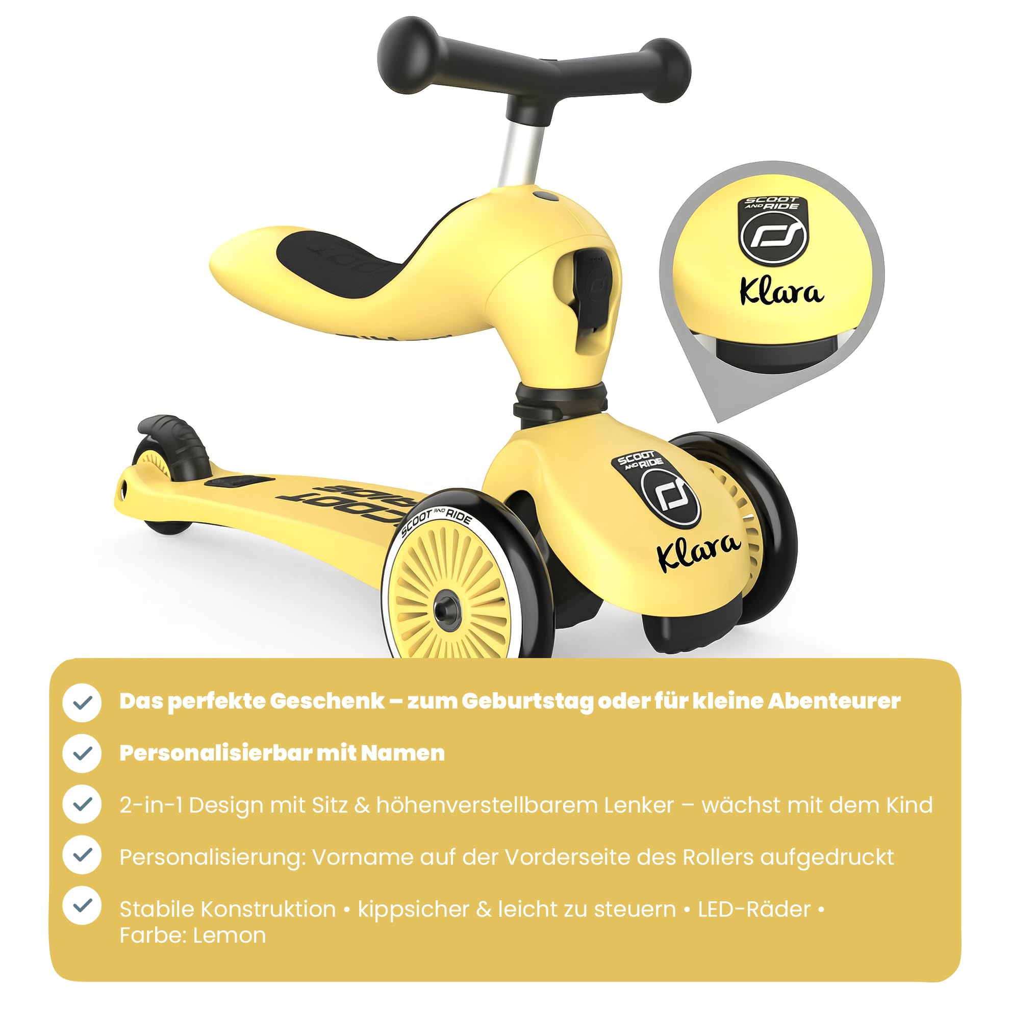 Personalizzato Scoot and Ride Highwaykick 1 Limone – 2-in-1 con seduta & regolabile in altezza – per bambini da 1 a 5 anni