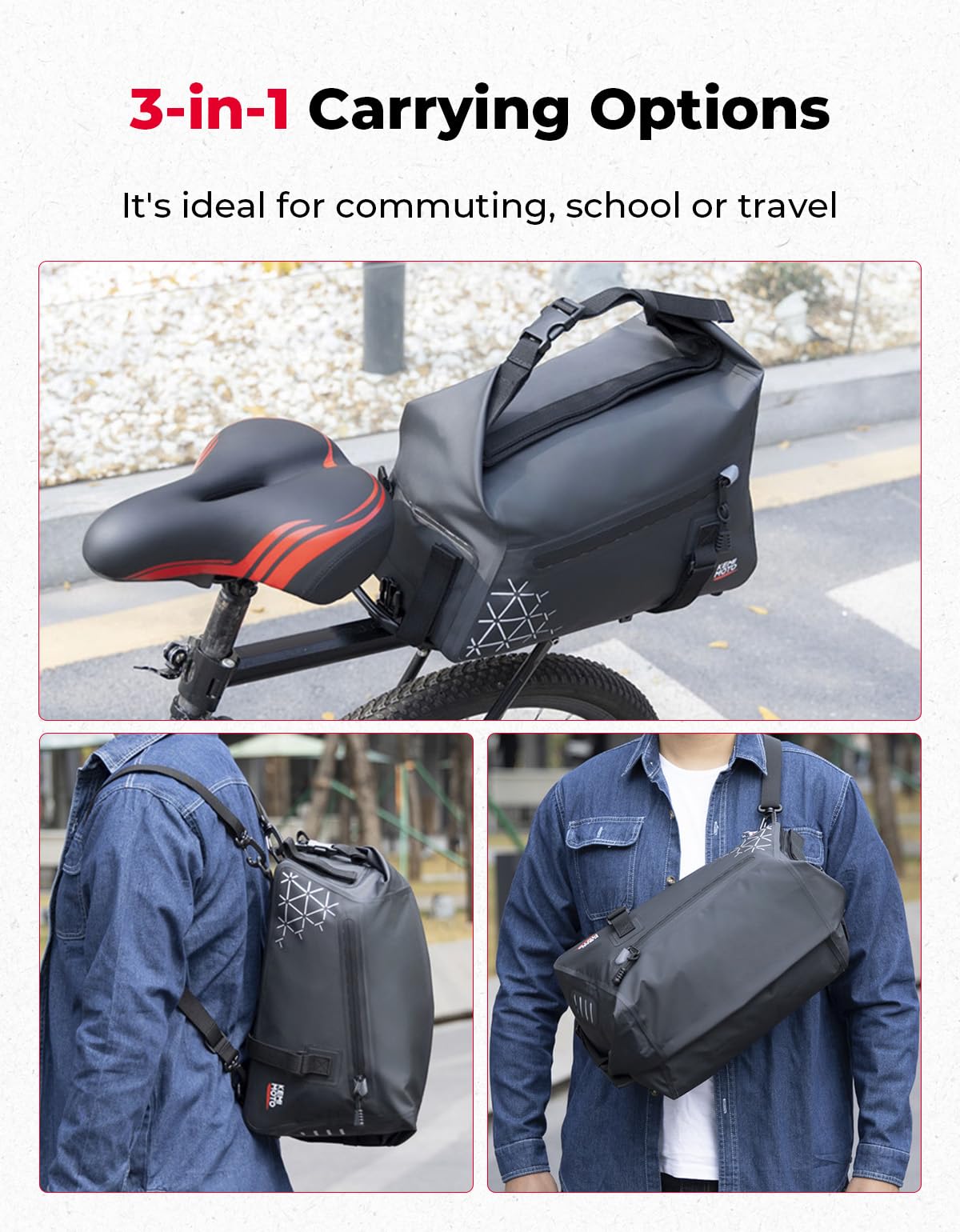 KEMIMOTO 22L Bolsa Impermeable Portabultos Bicicleta, Expandible Bolsa Trasera Bicicleta, con Múltiples Compartimentos, Asa de Transporte y Correa para el Hombro