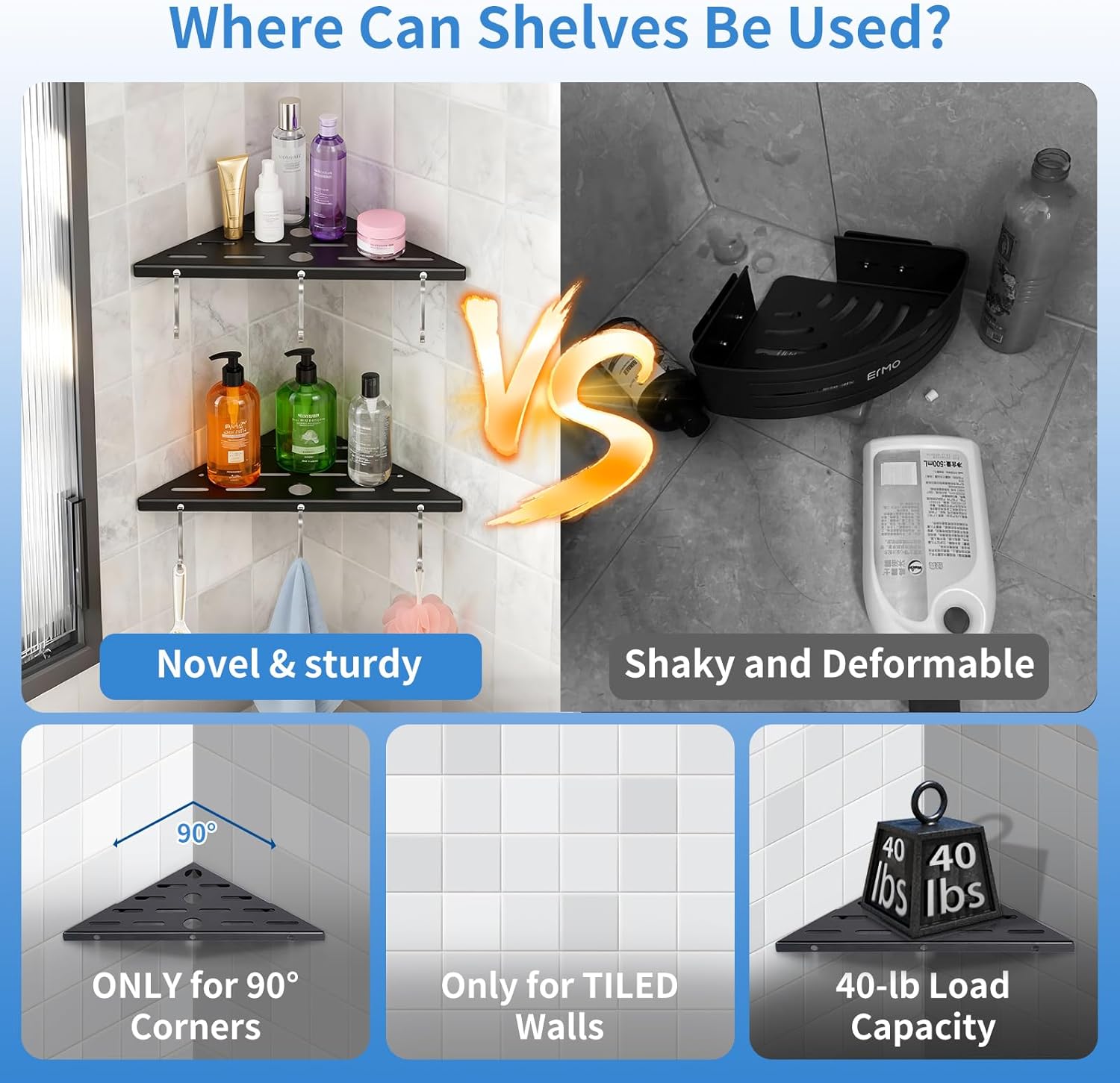 2 Pack Corner Shower Shelf,10-Inch 304 Stainless Steel Bathroom Shelves with 6 Hooks 40 lbs Heavy Duty Capacity Durable Drill-Mount Installation Shower Shelf for Inside Shower (Black)