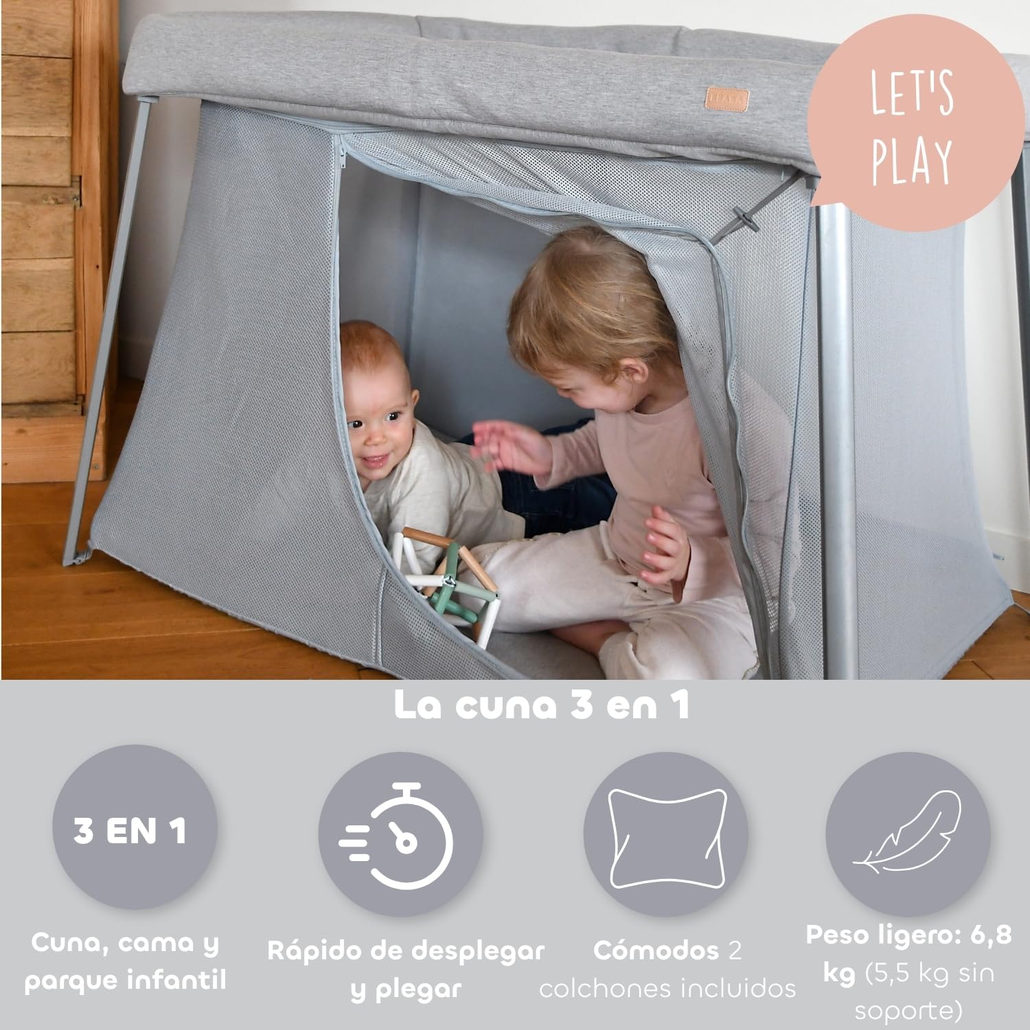 BÉABA, Cama Paraguas 3 en 1, Cuna Bebé, Cama Elevadora, Parque Infantil, Evolutiva, Ligera 6,8 kg, Plegable, Compacta, Bolsa y Colchón Incluidos, Transpirable, Tejido Oeko-Tex, Gris Brezo/Guijarro