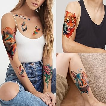 77 Sheets Temporary Tattoos for Kids Adult, Lion Tiger Wolf Cat Owl Parrot Flower Fake Tattoos, Temporary Tattoo for Kids Girls Men Women, Realistic Tattoo Sleeves for Kids