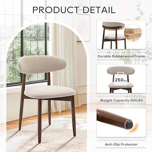 Miniatura 5 de COLAMY Juego de 2 sillas de comedor de madera, sillas laterales de cocina tapizadas en tela moderna, silla de comedor estilo granja con reposapiés,