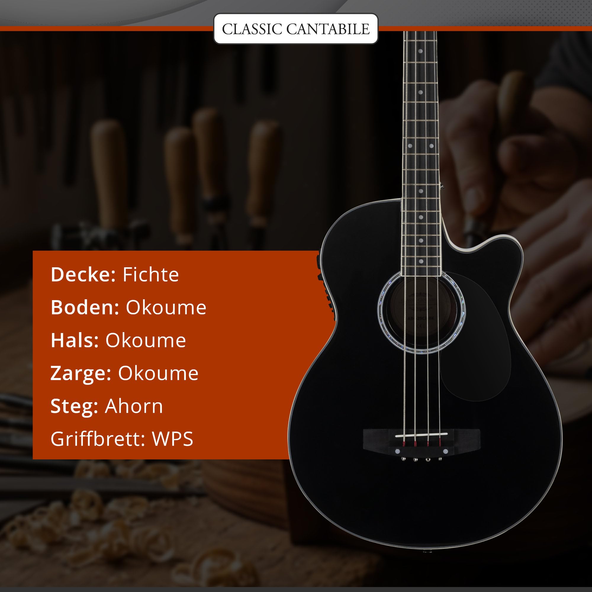 Classic Cantabile Short Scale Akustik Bass - 4 Saiten - Black Gloss Finish - Piezo Tonabnehmer & Cutaway - Decke aus Fichte - Boden & Zarge aus Okoume - Ideal für Einsteiger & Unplugged Sessions