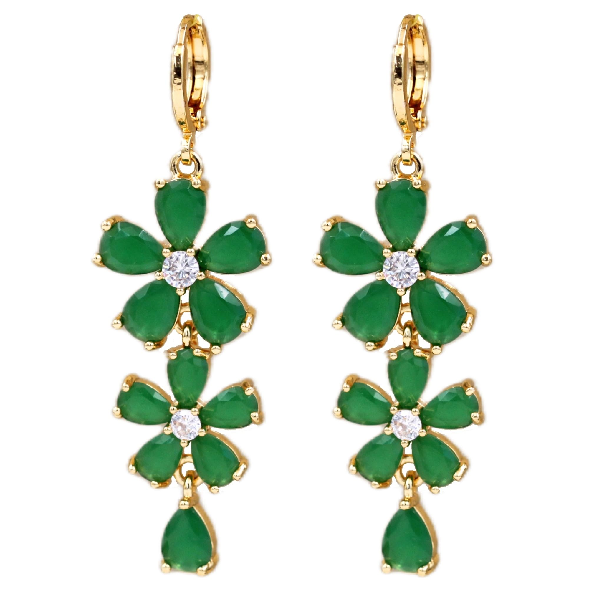 Vuskdtei18K Gold Plated Flower Floral Dangle Earrings for Women, Hypoallergenic Waterdrop Cubic Zirconia, Elegant Chandelier Drop Earrings, Statement